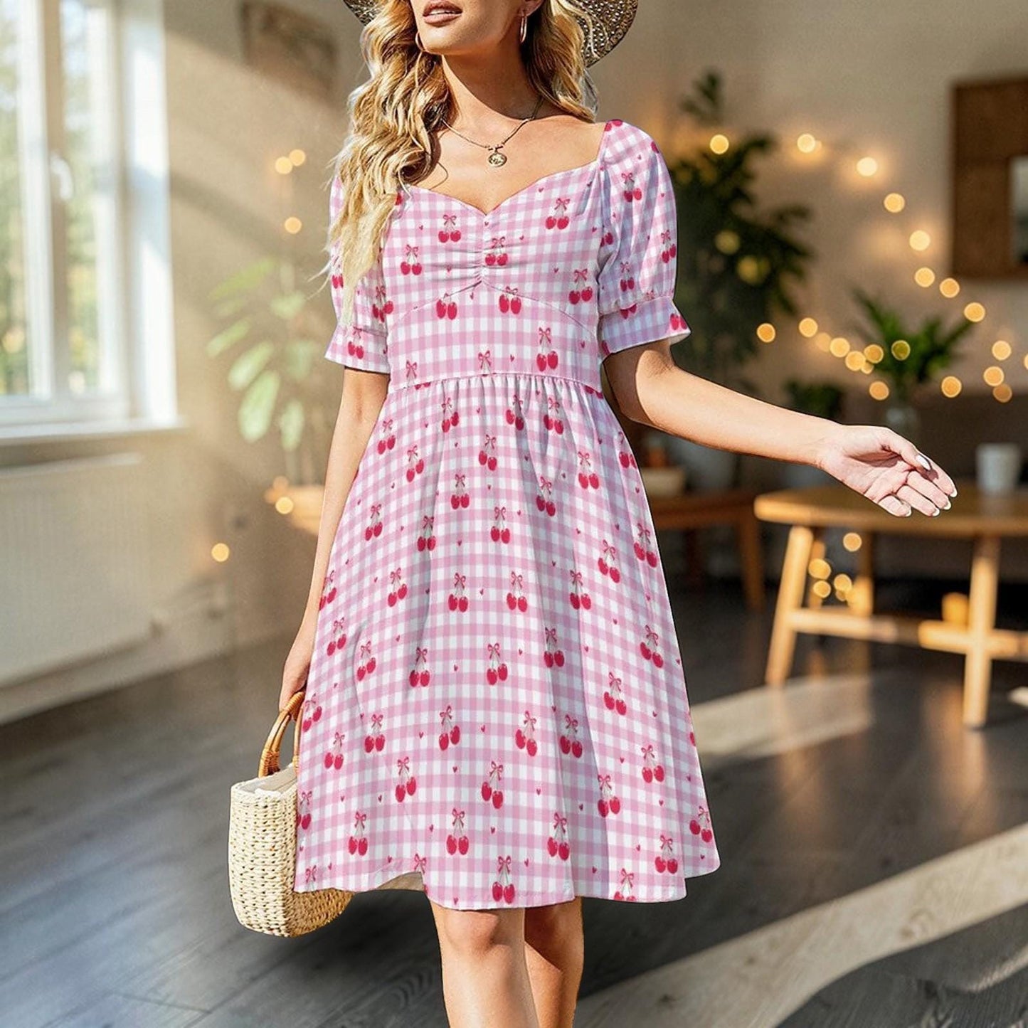 Pink Gingham Cherry Print Babydoll Dress, Summer Cottagecore Puff Sleeve Picnic Outfit
