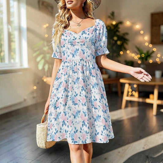 Blue Rose Midi Dress, Pastel Puff Sleeve, Ladylike Spring Brunch Outfit