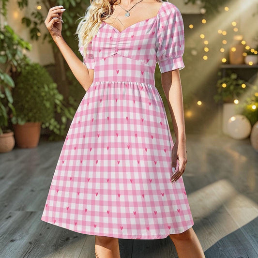 Pink Gingham Heart Midi Dress, Puff Sleeve Sweetheart Neckline, Romantic Picnic Outfit