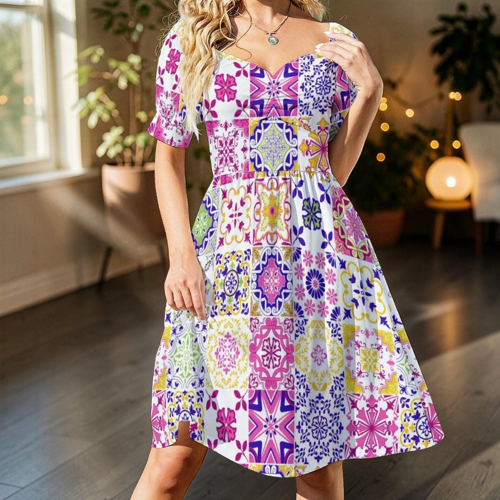 Tile Print Midi Dress, Mediterranean Puff Sleeve, Colorful Mosaic Vacation Outfit