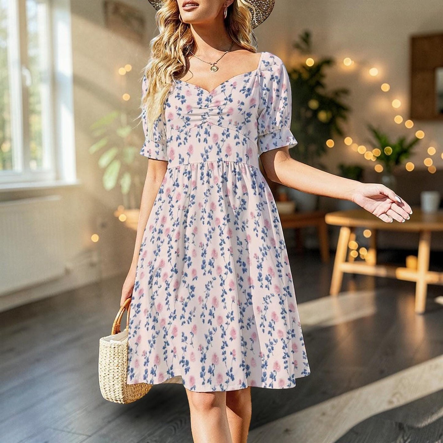Rose Vine Midi Dress, Puff Sleeve Sweetheart, Blue Pink Floral, Cottage Wedding Guest
