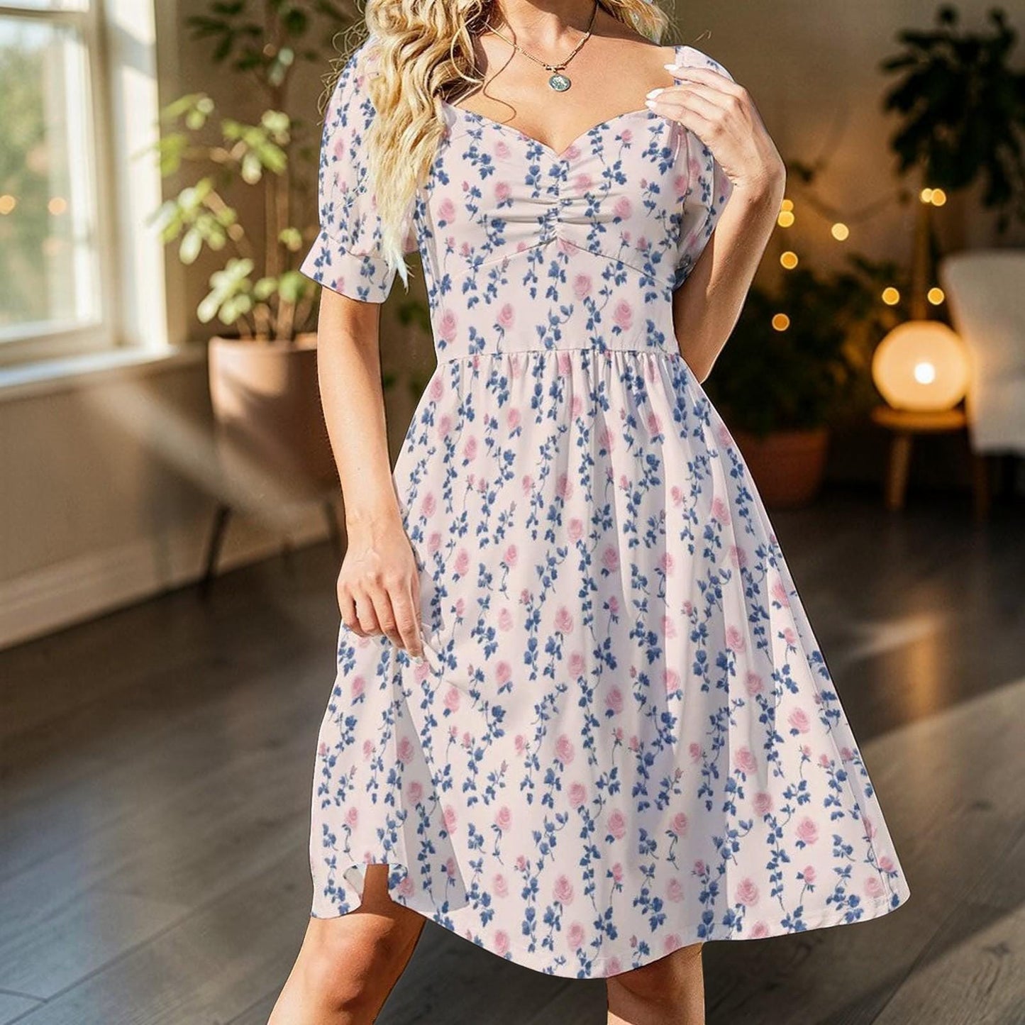 Rose Vine Midi Dress, Puff Sleeve Sweetheart, Blue Pink Floral, Cottage Wedding Guest