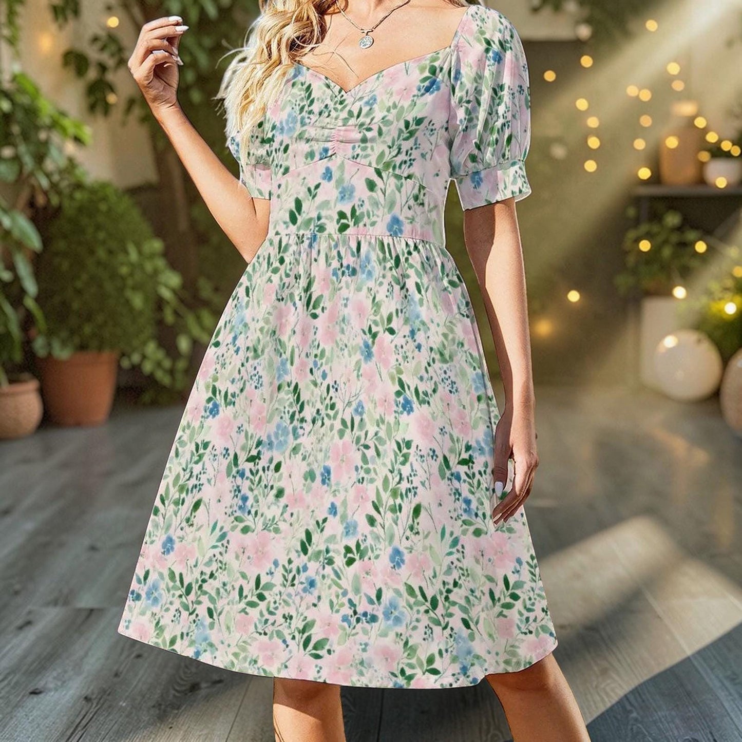 Watercolor floral midi dress for women, pastel meadow garden stroll, puff sleeve sweetheart dress