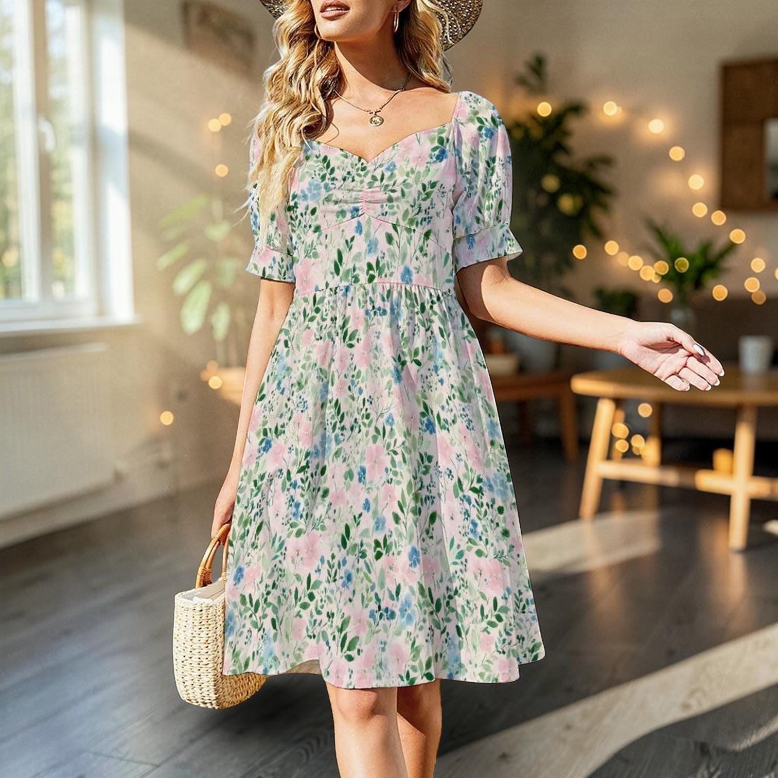 Watercolor floral midi dress for women, pastel meadow garden stroll, puff sleeve sweetheart dress
