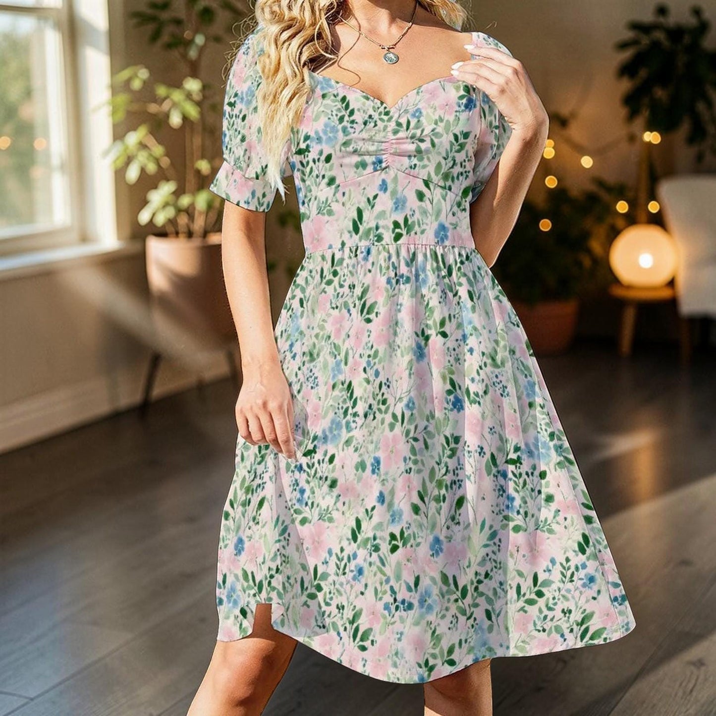 Watercolor floral midi dress for women, pastel meadow garden stroll, puff sleeve sweetheart dress
