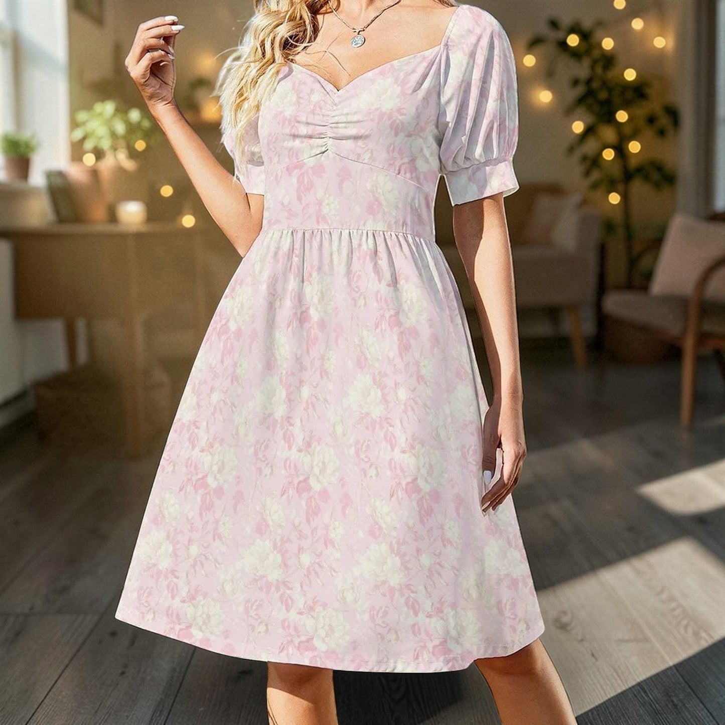 Blush Floral Puff Sleeve Midi Dress, Romantic Garden Party Style, Sweetheart Neckline