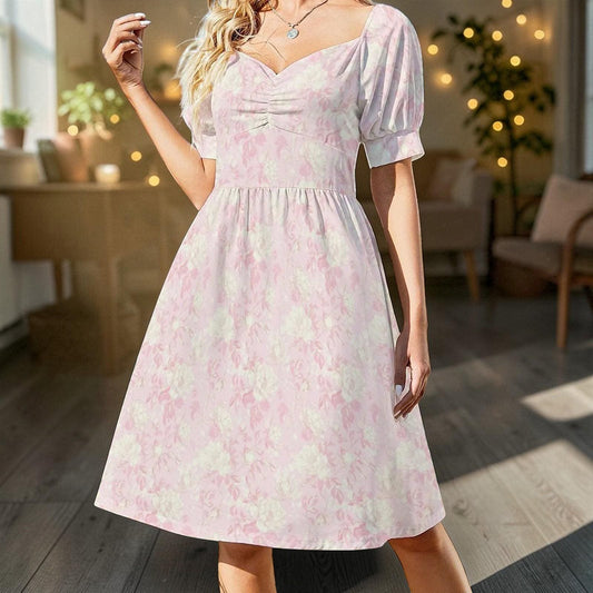 Blush Floral Puff Sleeve Midi Dress, Romantic Garden Party Style, Sweetheart Neckline