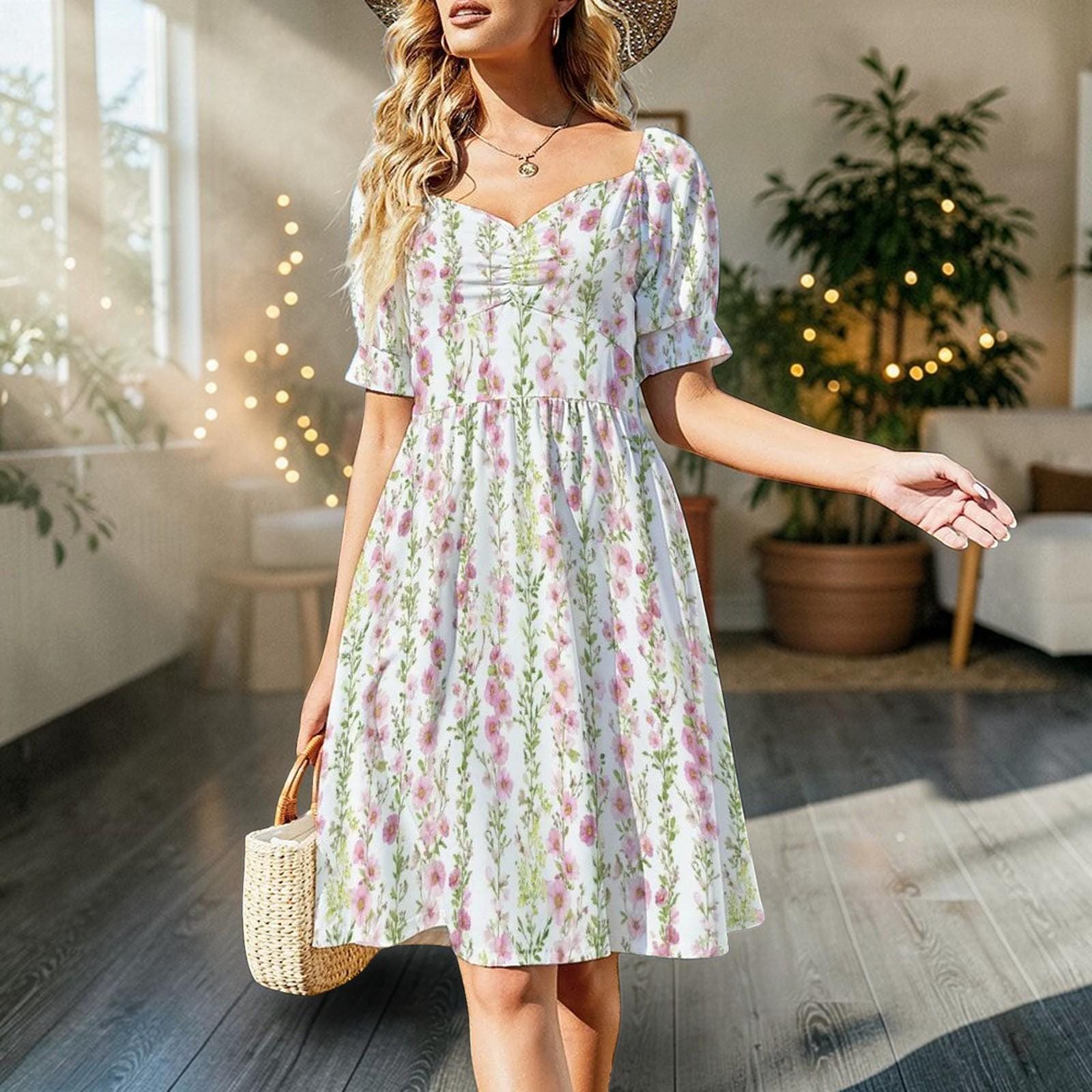 Pink Hollyhock Midi Dress, Cottage Garden Puff Sleeve, Romantic Floral Tea Party Outfit