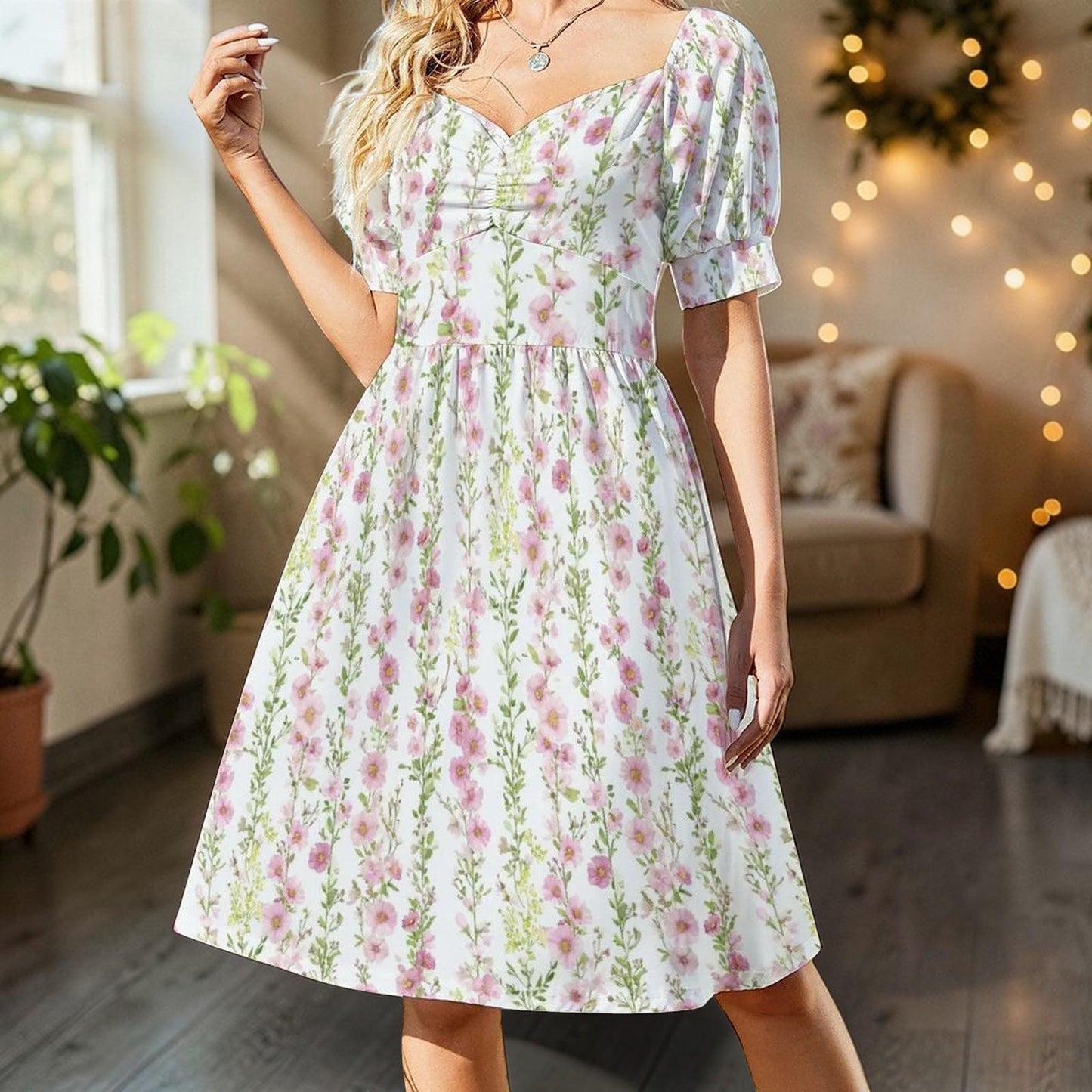 Pink Hollyhock Midi Dress, Cottage Garden Puff Sleeve, Romantic Floral Tea Party Outfit