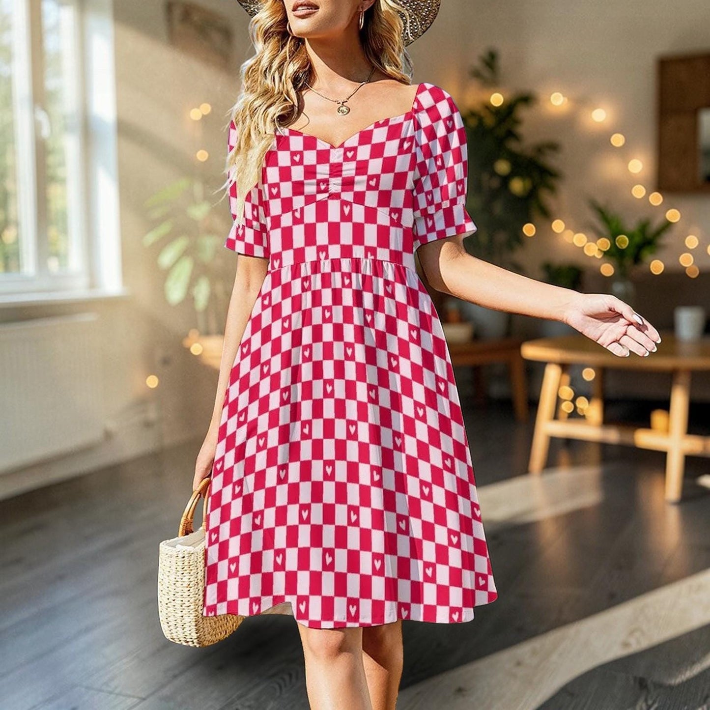 Red Gingham Heart Puff Sleeve Dress, Sweetheart Neckline Picnic Outfit
