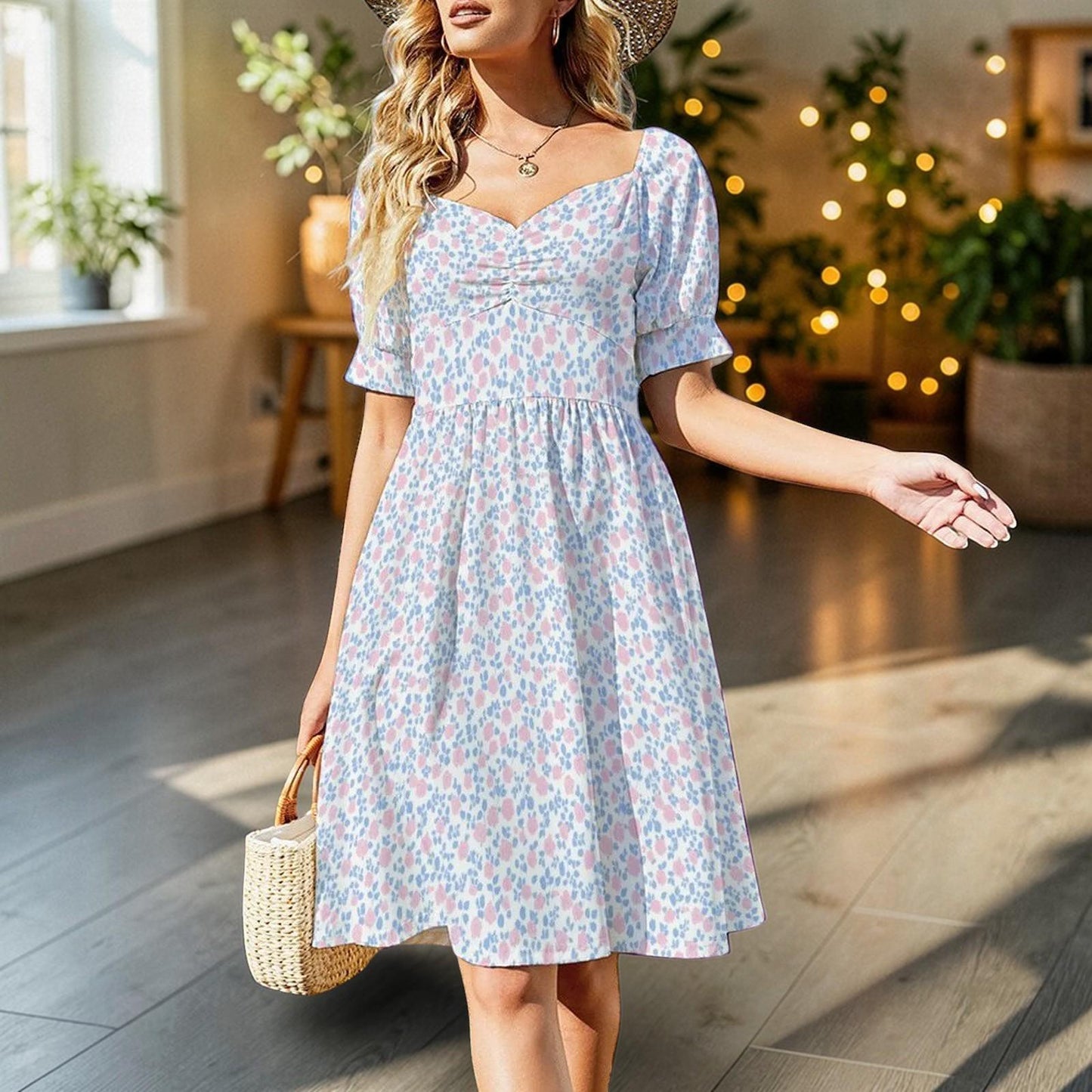 Pastel floral midi dress with puff sleeves, sweetheart neckline, prairie style, spring garden tea dress