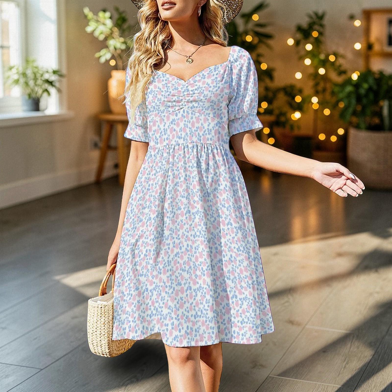Pastel floral midi dress with puff sleeves, sweetheart neckline, prairie style, spring garden tea dress