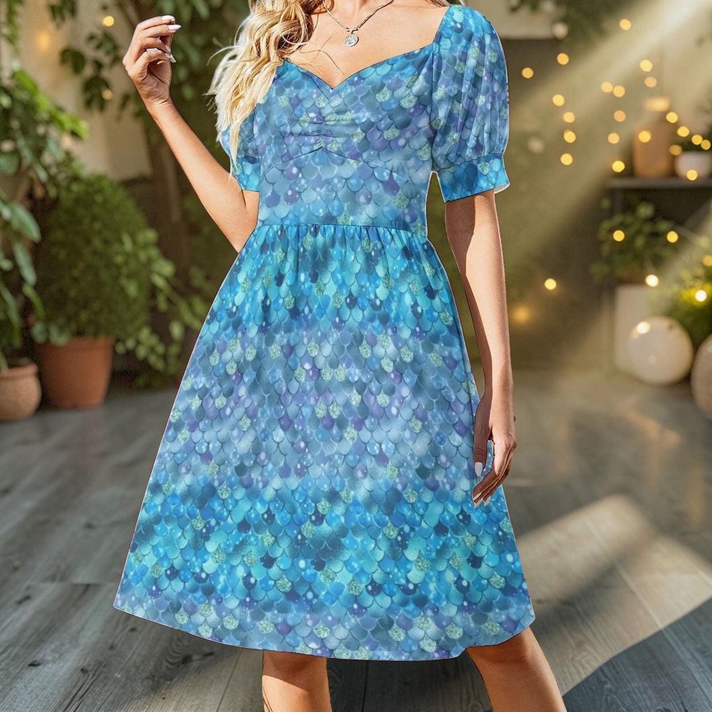 Blue Mermaid Scale Midi Dress, Sweetheart Puff Sleeve, Coastal Fantasy Outfit