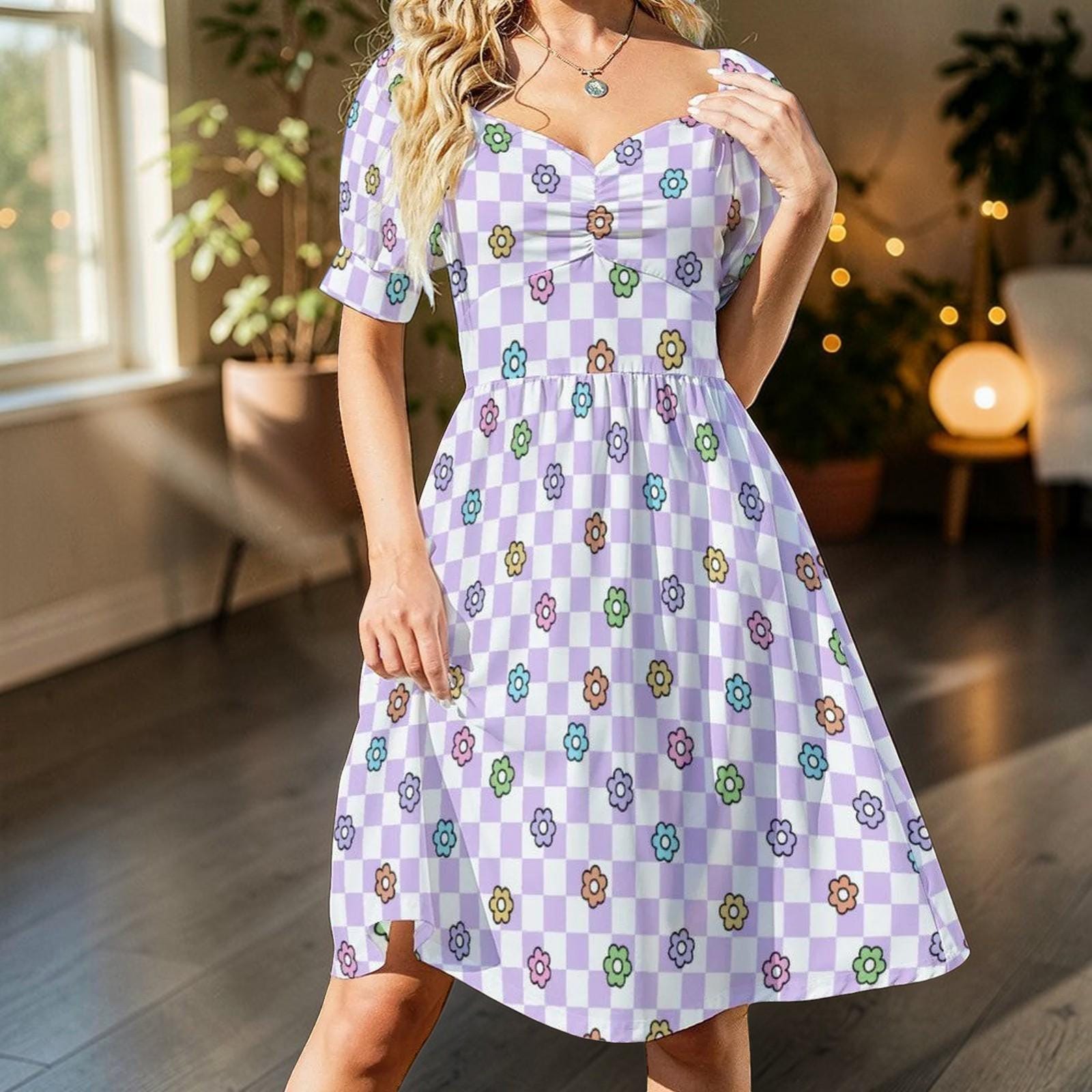 Lavender Checkerboard Midi Dress, Pastel Daisy Puff Sleeve, Retro Picnic Outfit