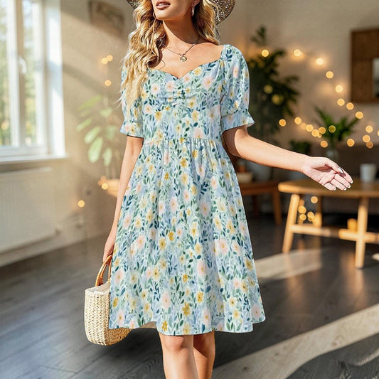 Pastel Wildflower Midi Dress, Botanical Puff Sleeve, Garden Party Style, Bridal Brunch