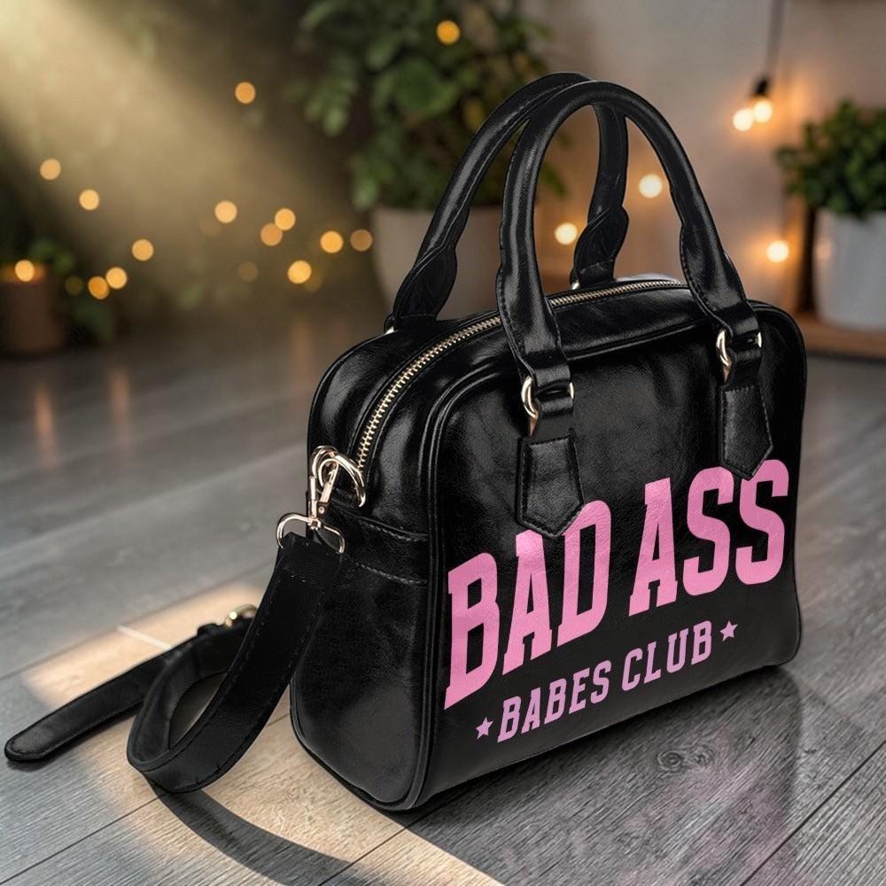 Badass Babes Club Black Statement Handbag, Pink Slogan Bowler Bag, Edgy Baddie Purse