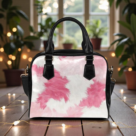 Pink Cow Print Shoulder Bag, Retro Wavy Mini Satchel, Y2K Cute Purse, Colorful Aesthetic Handbag