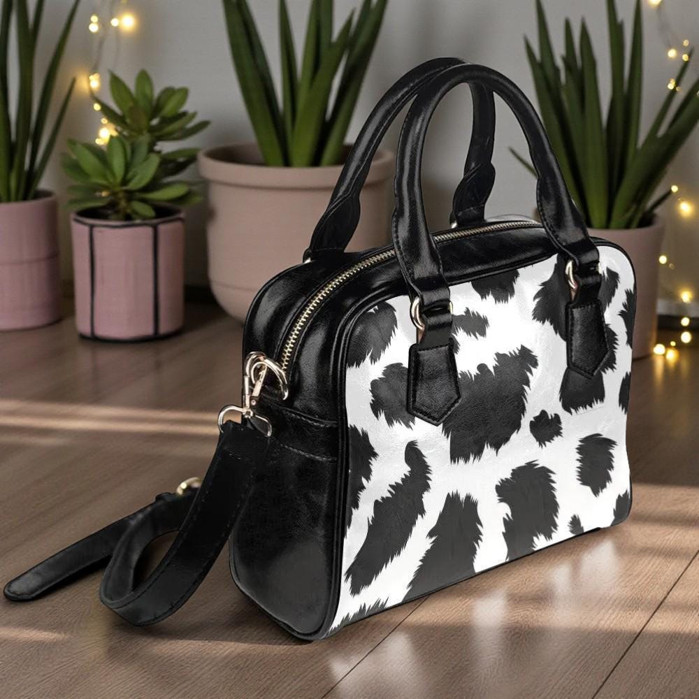 Cow Print Shoulder Bag, Mini Satchel Purse, Black White Crossbody, Trendy Y2K Aesthetic Bag