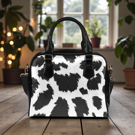 Cow Print Shoulder Bag, Mini Satchel Purse, Black White Crossbody, Trendy Y2K Aesthetic Bag