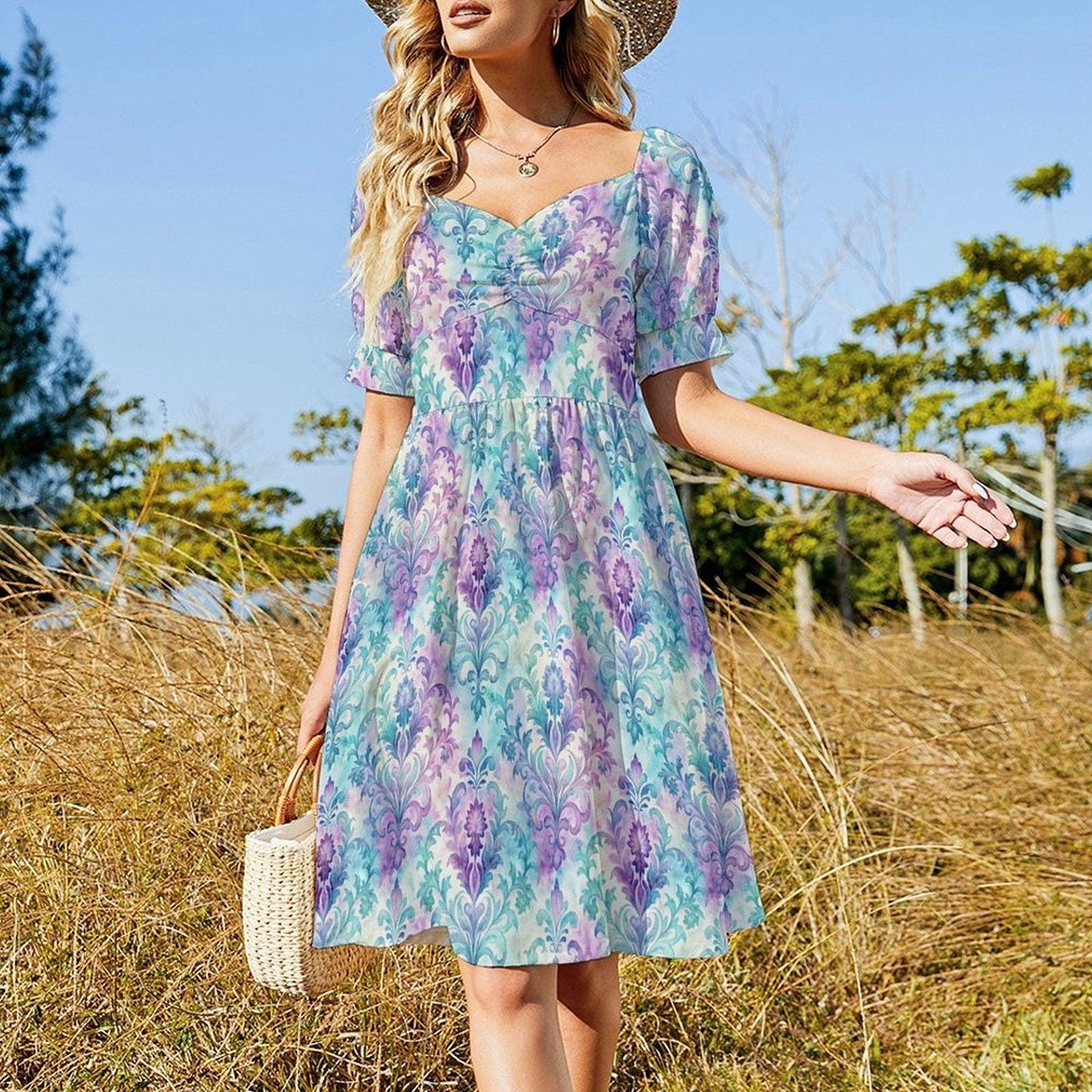 Pastel Damask Midi Dress, Puff Sleeve Baroque Style, Romantic Garden Party Outfit