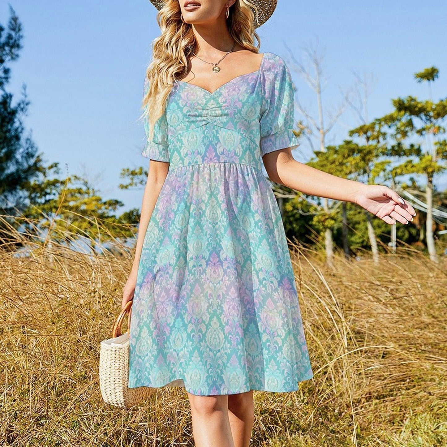 Seafoam Pastel Rococo Midi Dress, Puff Sleeve Mermaidcore Wedding Guest Outfit