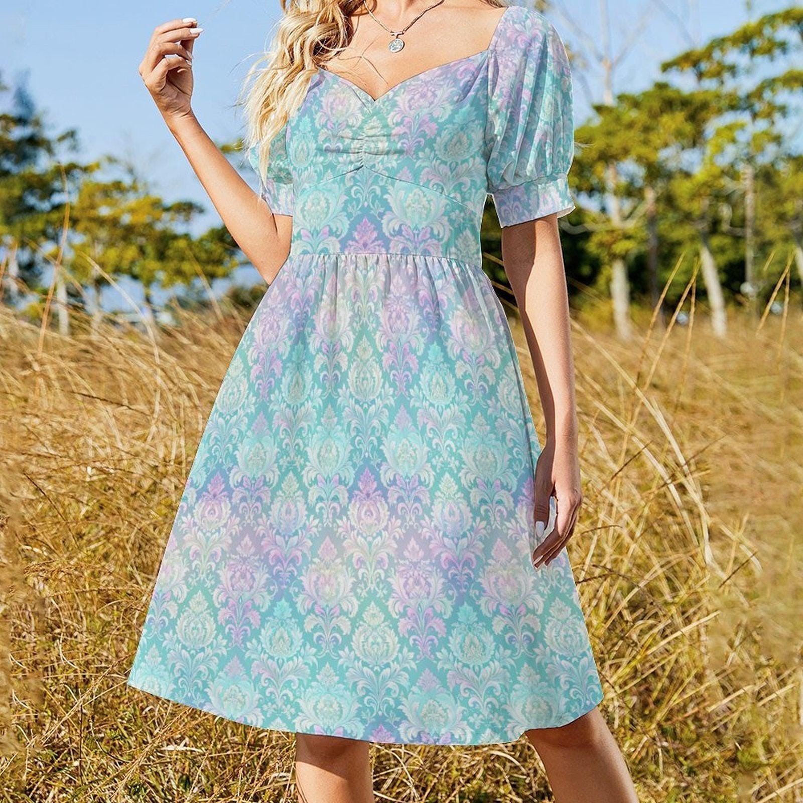 Seafoam Pastel Rococo Midi Dress, Puff Sleeve Mermaidcore Wedding Guest Outfit