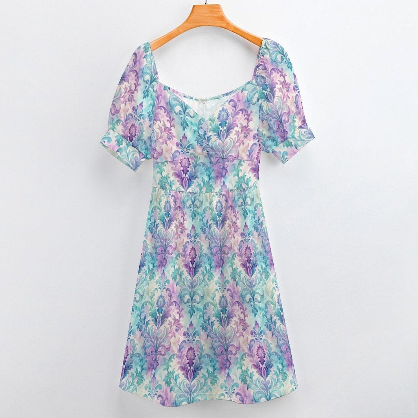 Pastel Damask Midi Dress, Puff Sleeve Baroque Style, Romantic Garden Party Outfit
