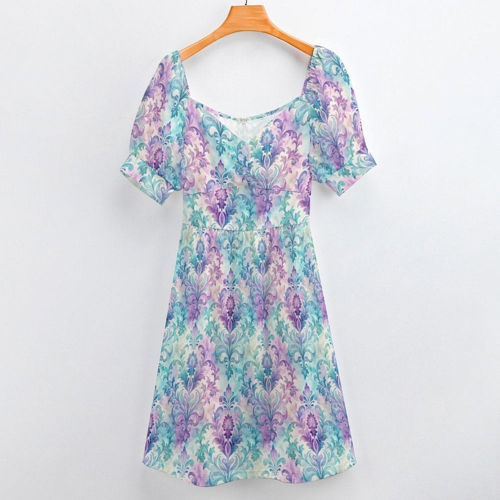 Pastel Damask Midi Dress, Puff Sleeve Baroque Style, Romantic Garden Party Outfit