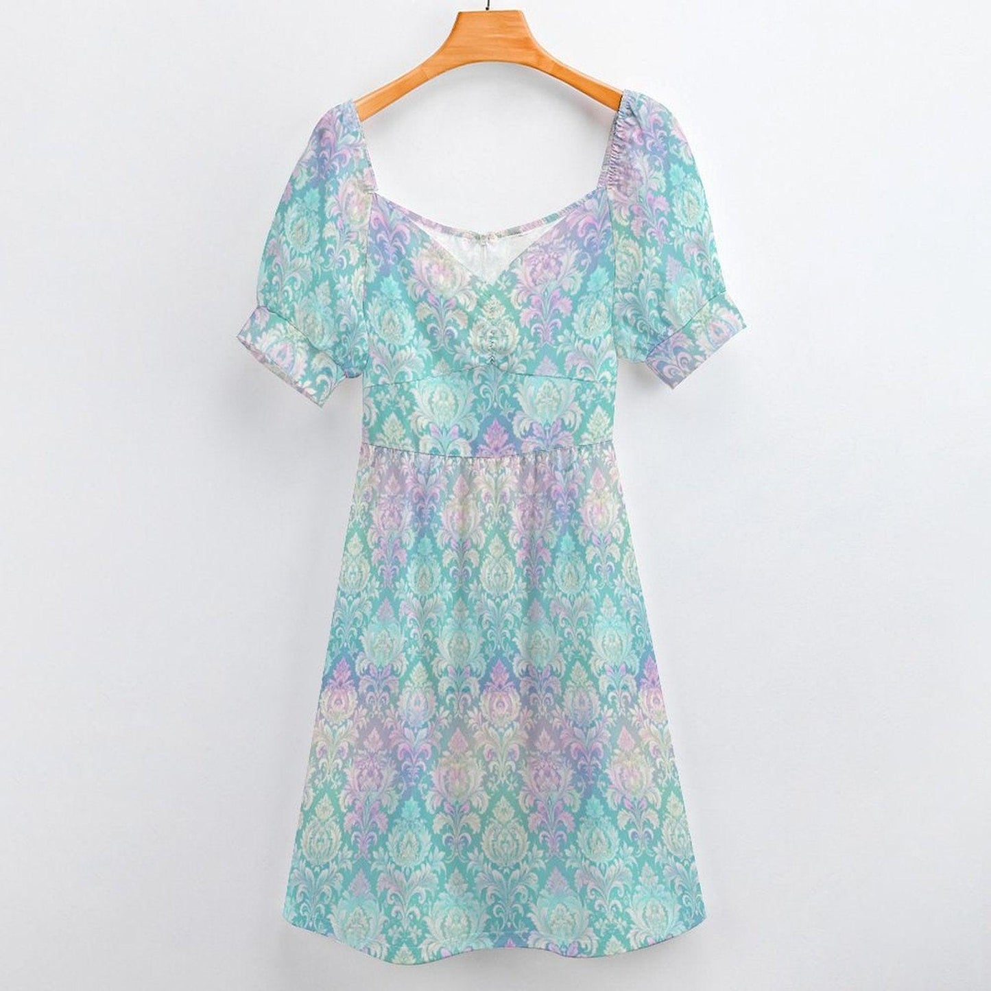 Seafoam Pastel Rococo Midi Dress, Puff Sleeve Mermaidcore Wedding Guest Outfit