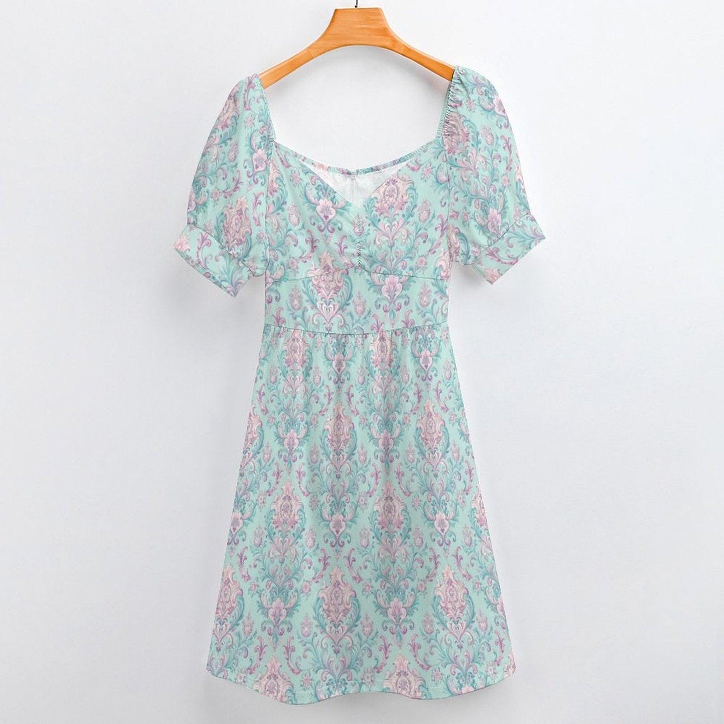 Mint Damask Midi Dress, Victorian Puff Sleeve, Sweetheart Neckline, Pastel Bridal Brunch Outfit