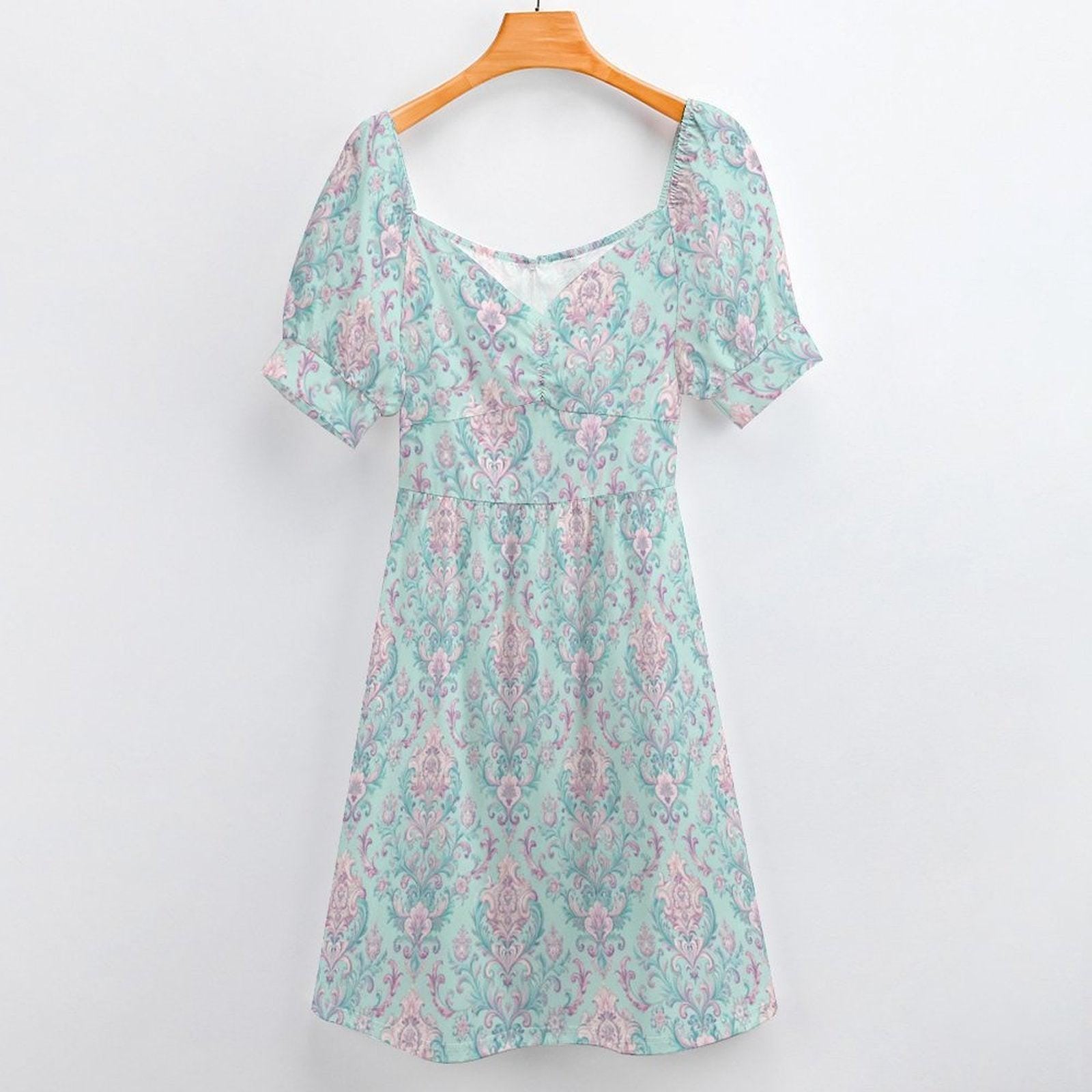 Mint Damask Midi Dress, Victorian Puff Sleeve, Sweetheart Neckline, Pastel Bridal Brunch Outfit