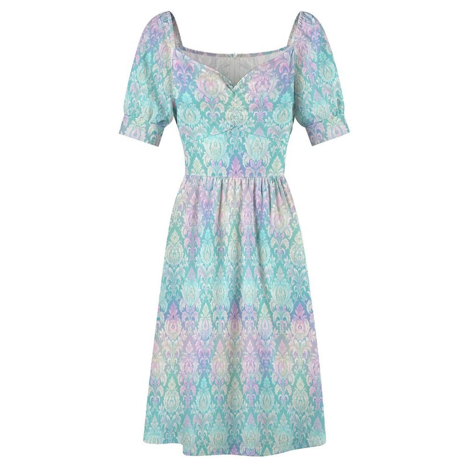 Seafoam Pastel Rococo Midi Dress, Puff Sleeve Mermaidcore Wedding Guest Outfit