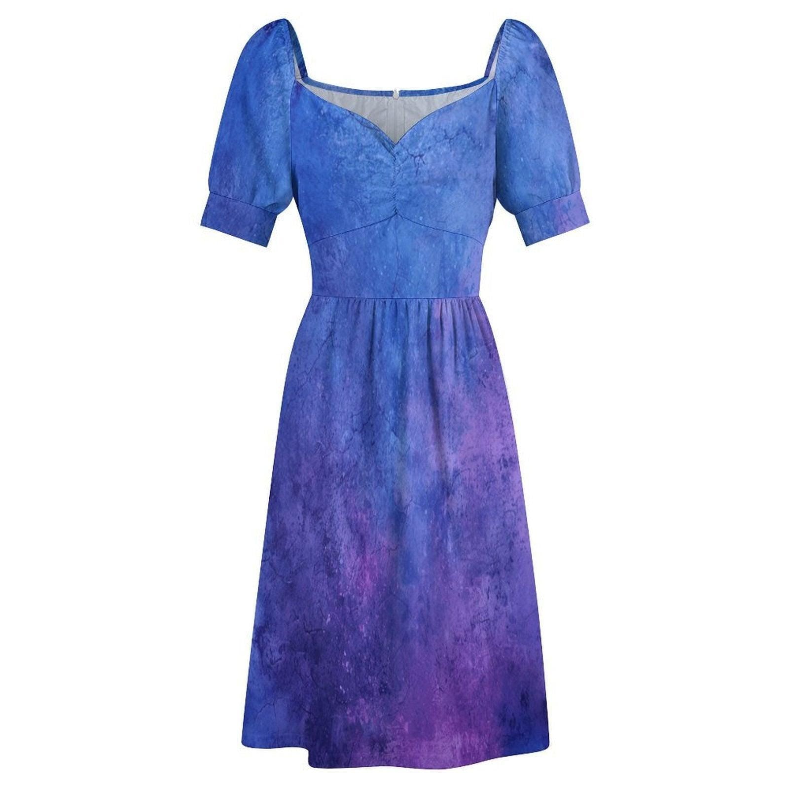 Celestial Midi Dress for Women, Blue Purple Galaxy Print Dress, Puff Sleeve Sweetheart Dress, Dreamy Evening Party Outfit