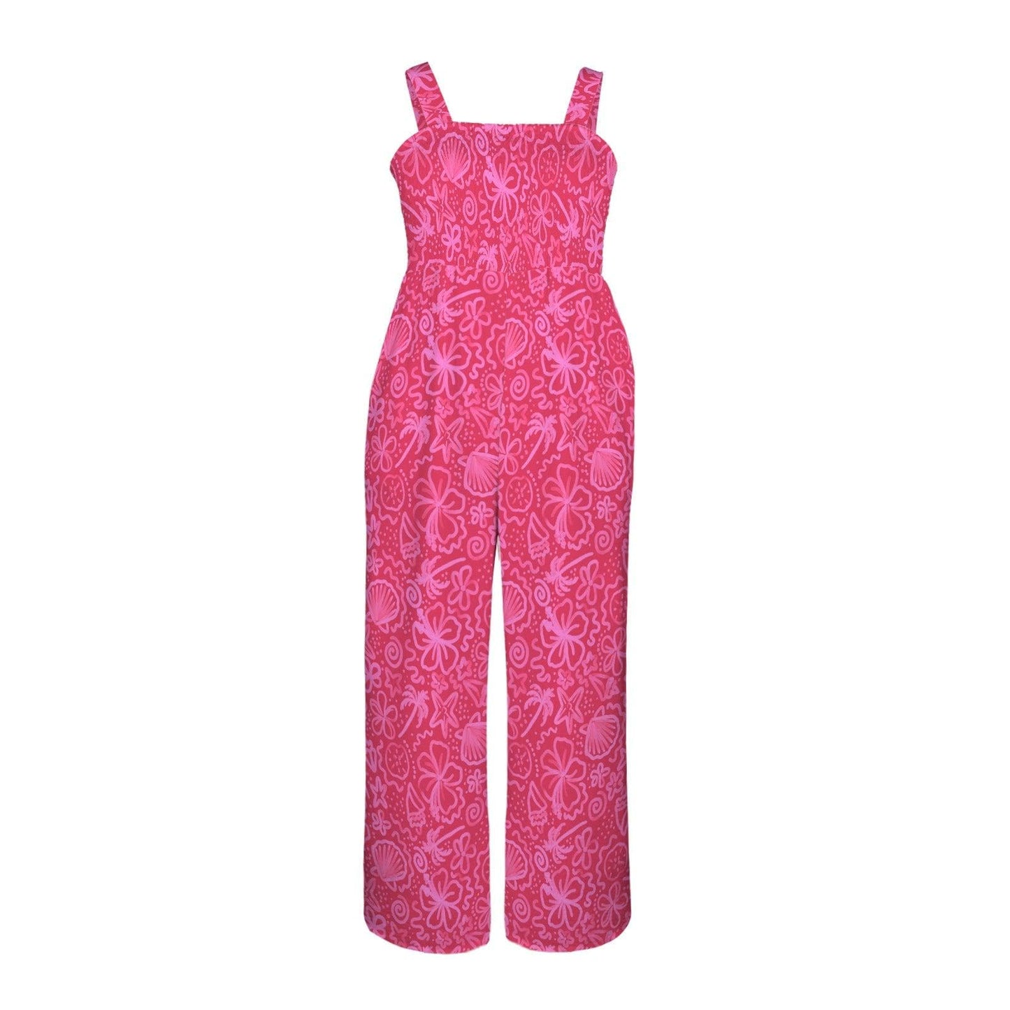 Hot Pink Tropical Jumpsuit, Wide Leg Beach Romper, Coastal Resort Outfit for Summer and Vacation