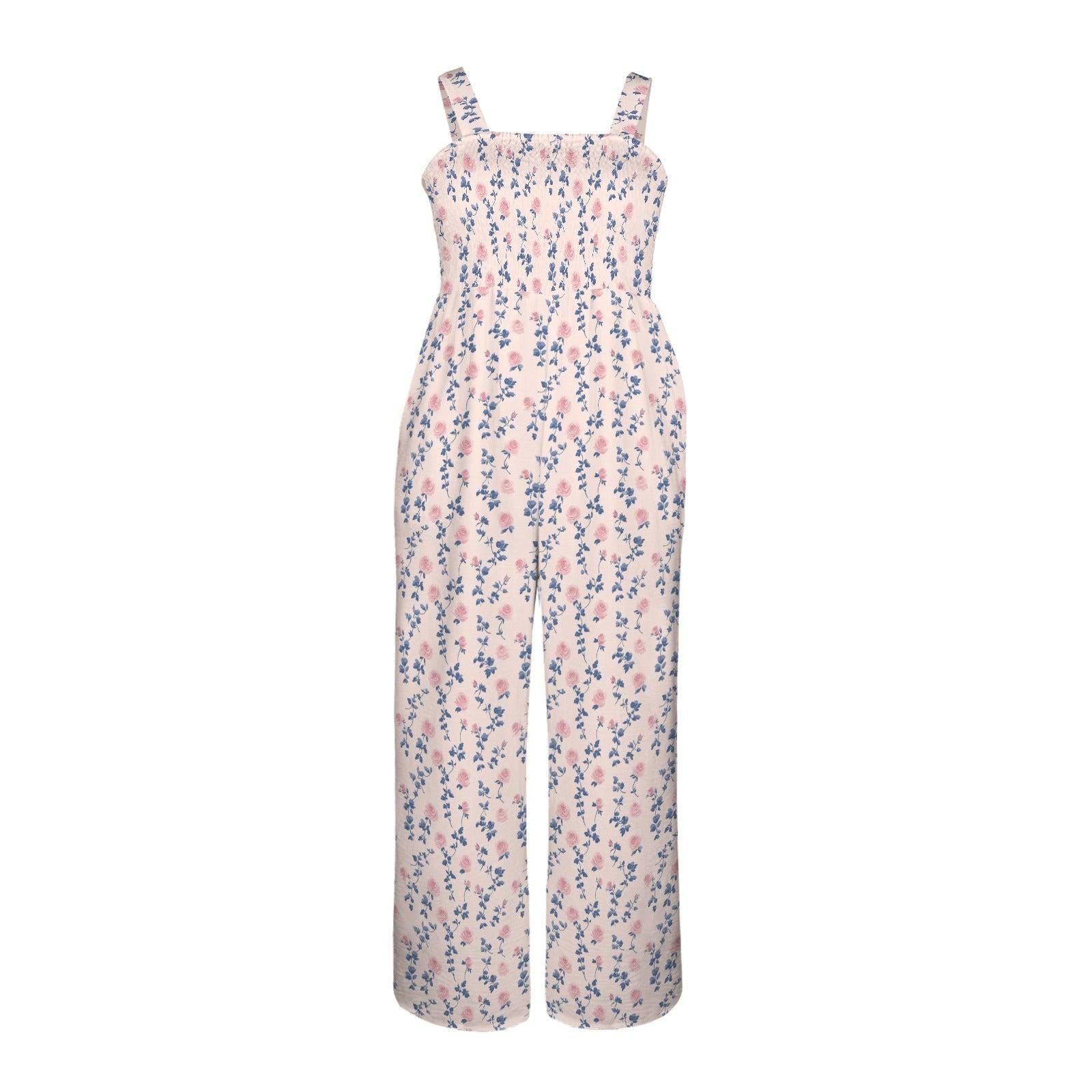 Ditsy Floral Wide Leg Jumpsuit, Pink Blue Rosebud Vine Print, Romantic Summer Outfit