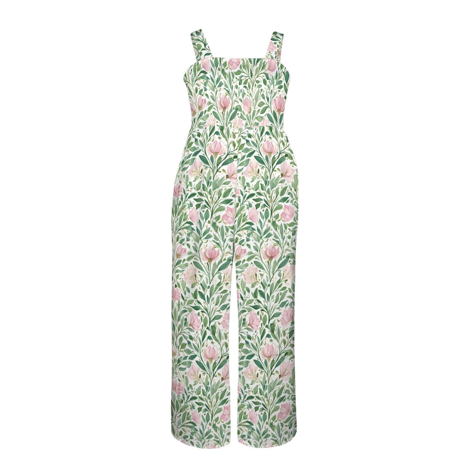 Pink Botanical Wide Leg Jumpsuit, Green Leaf Floral Romper, Garden Resort Outfit