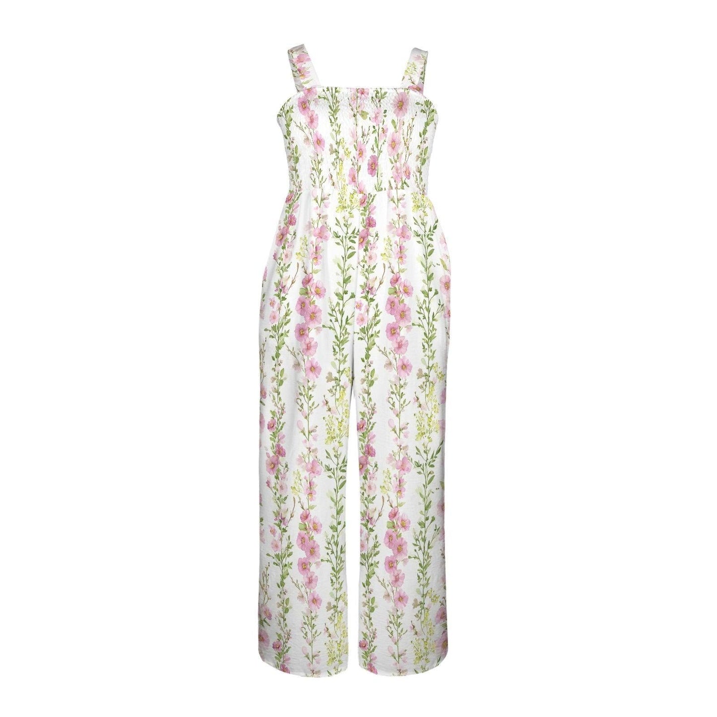 Pink floral jumpsuit with pockets, cottage garden palazzo romper, spring garden party outfit