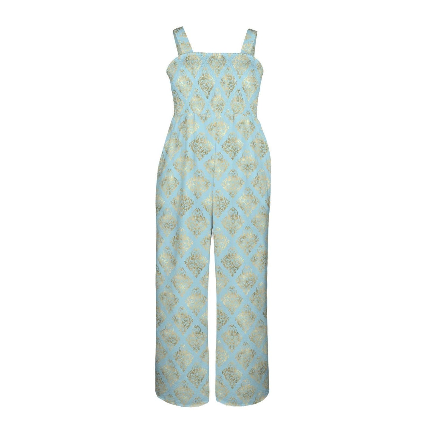 Blue Gold Damask Wide Leg Jumpsuit, Elegant Resort Romper, Baroque Style Outfit