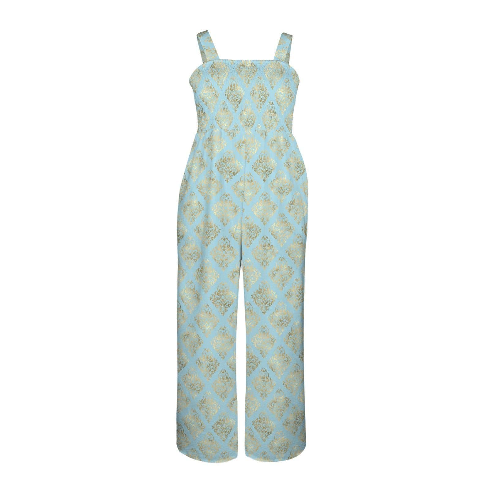 Blue Gold Damask Wide Leg Jumpsuit, Elegant Resort Romper, Baroque Style Outfit