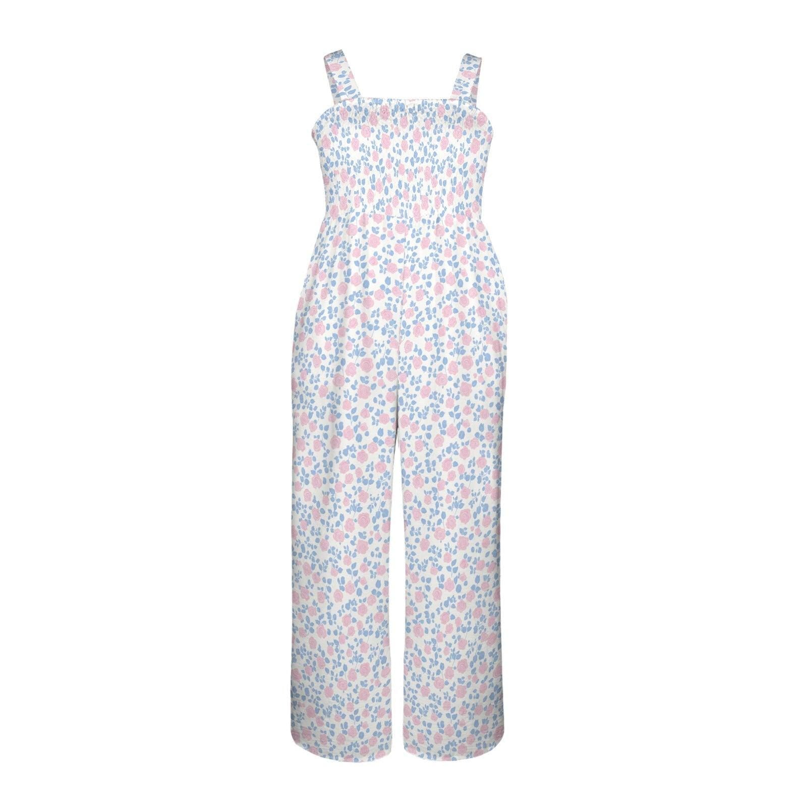 Floral Wide Leg Jumpsuit for Women, Pastel Summer Outfit, Cottagecore Vacation Romper, Pink Blue Resort Wear, Garden Party Look