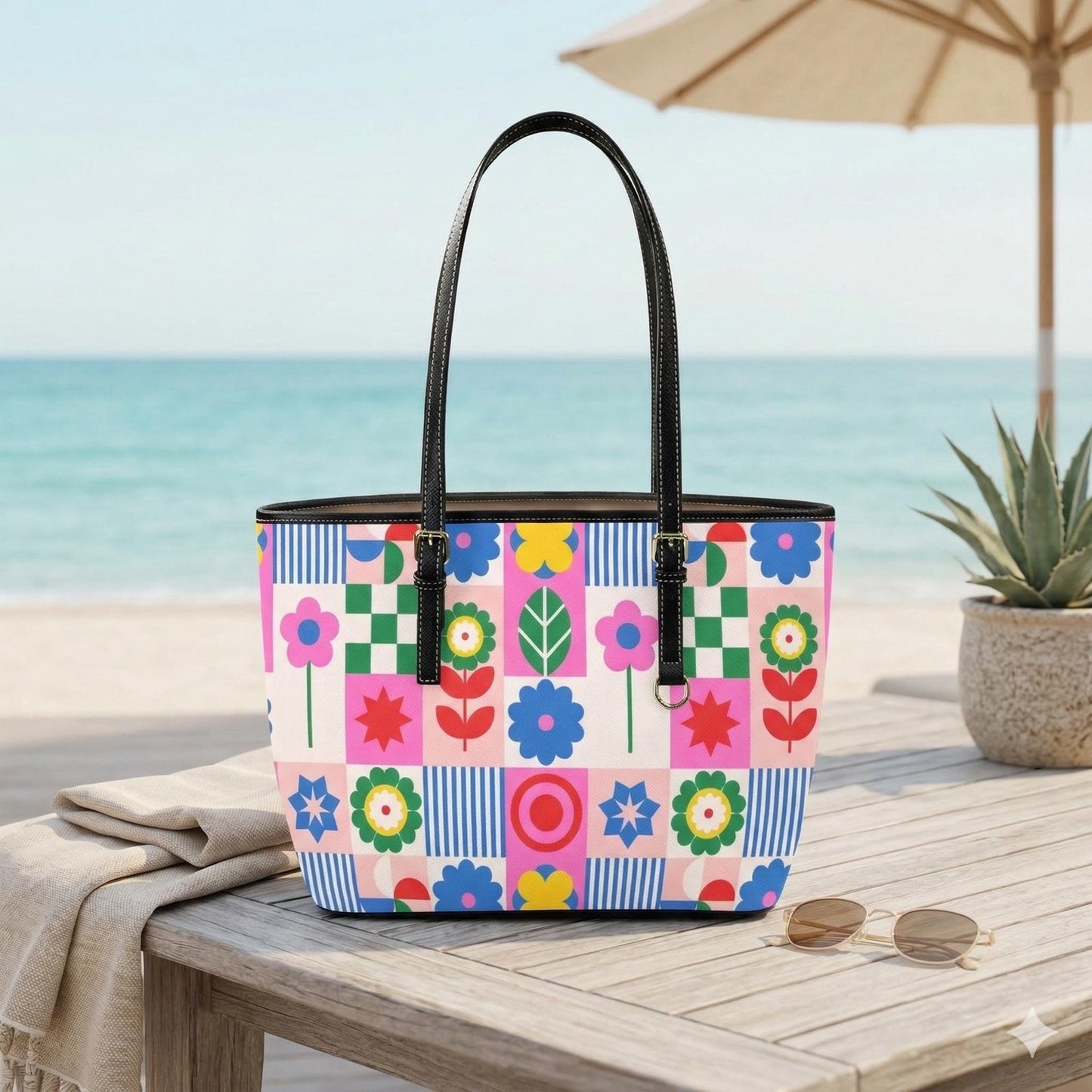 Geometric Folk Tote Bag, Color Block Shoulder Purse, Scandinavian Style Carryall, Playful Market Handbag