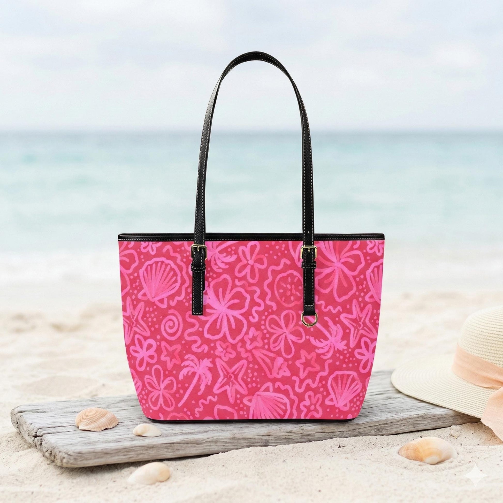 Pink Beach Doodle Tote, Coastal Summer Shoulder Bag, Tropical Vacation Carryall, Poolside Resort Purse