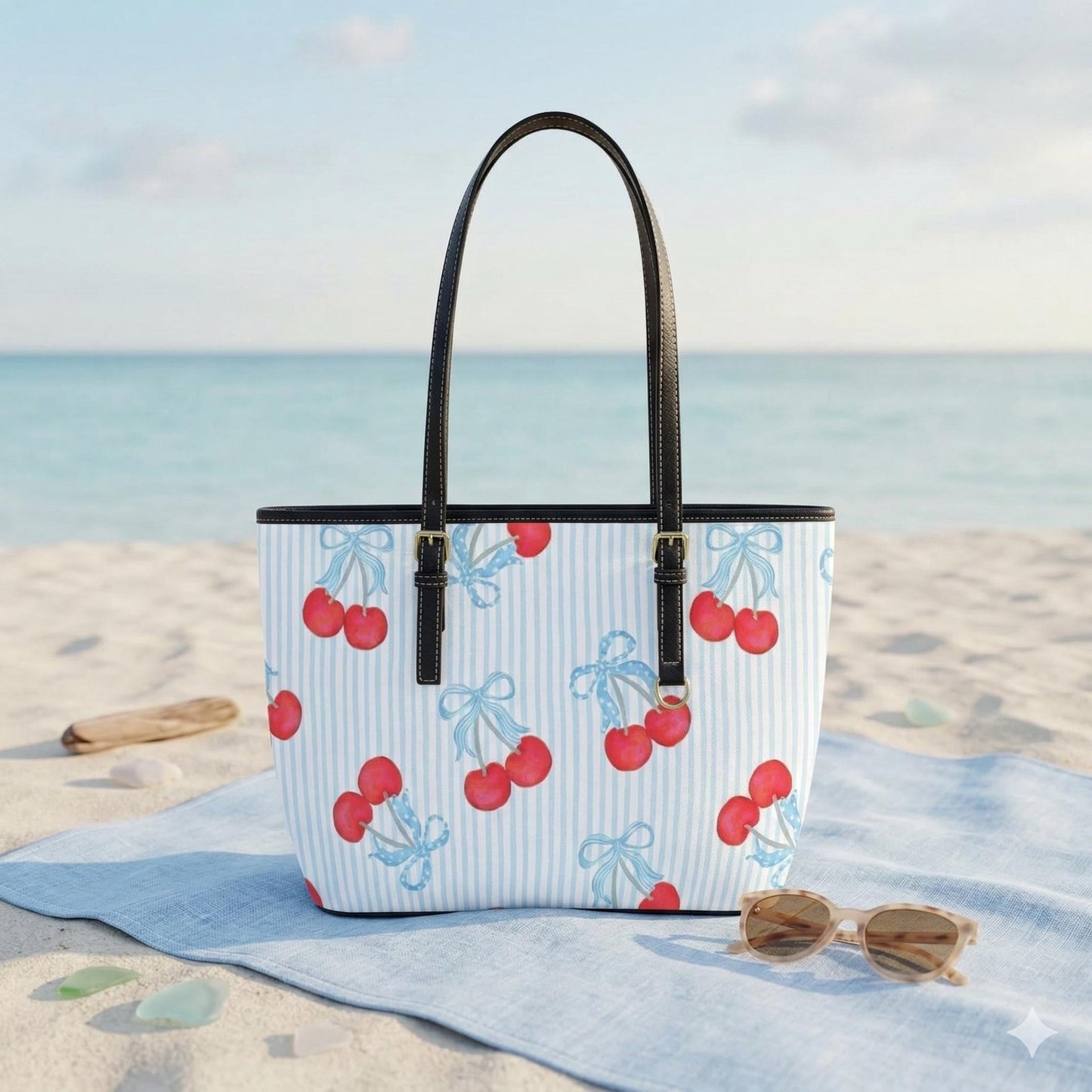 Cherry Bow Tote Purse, Blue Stripe Shoulder Bag, Sweet Picnic Carryall, Coquette Everyday Handbag