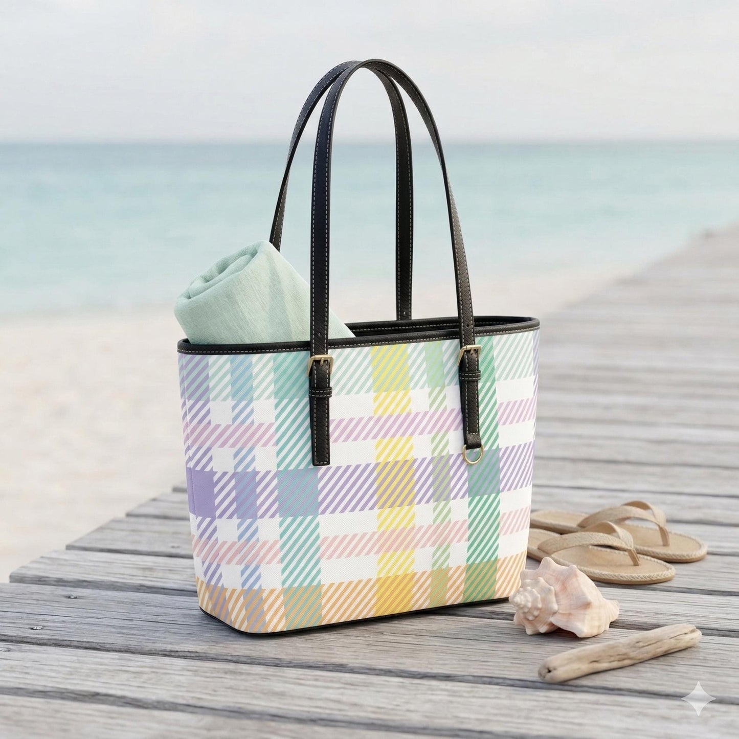 Pastel Plaid Tote Bag, Preppy Check Shoulder Purse, Spring Picnic Carryall, Soft Color Everyday Handbag