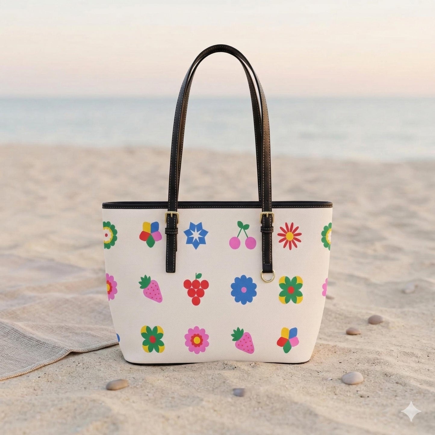 Retro Fruit Tote Bag, Strawberry Cherry Shoulder Purse, Playful Market Carryall, Colorful Everyday Handbag