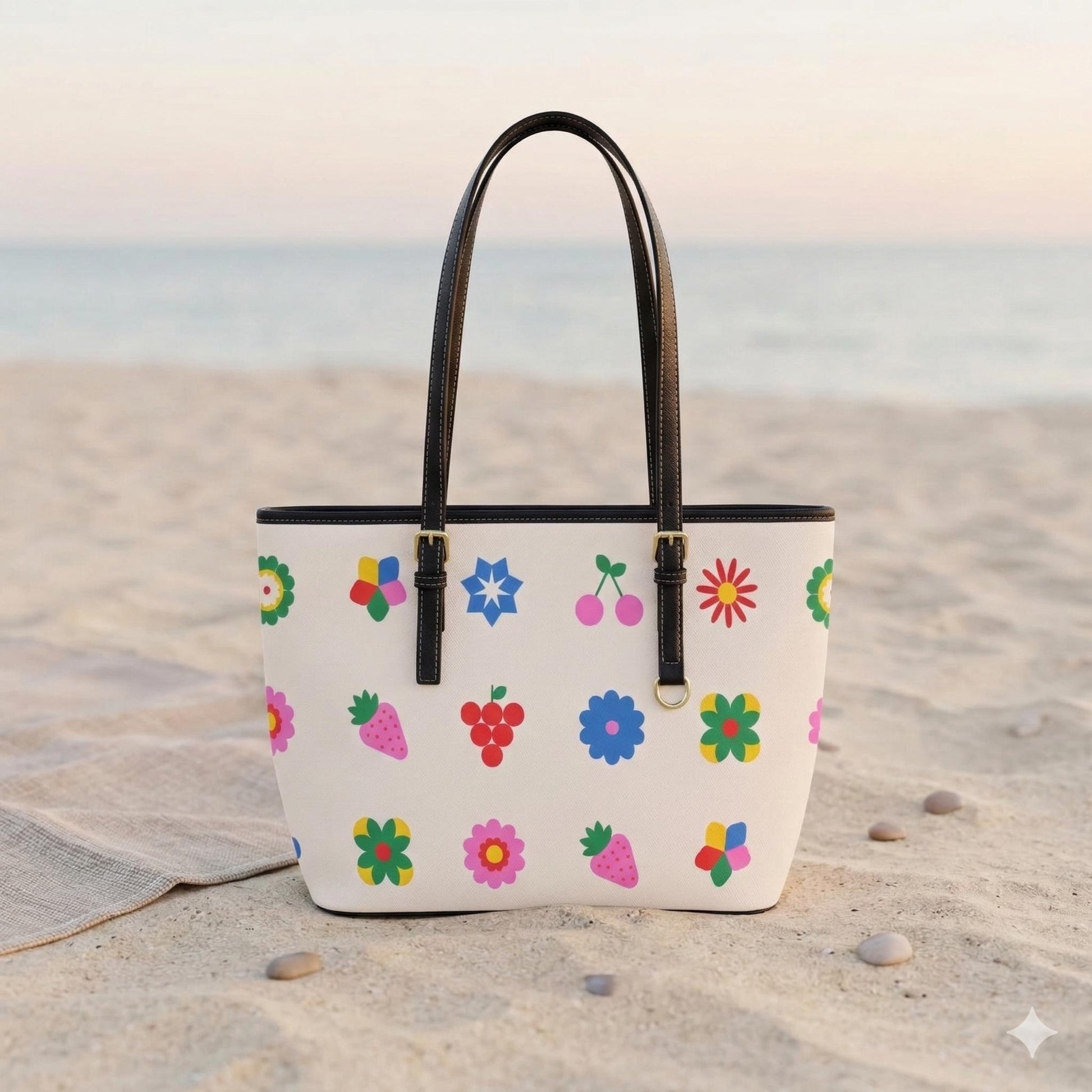 Retro Fruit Tote Bag, Strawberry Cherry Shoulder Purse, Playful Market Carryall, Colorful Everyday Handbag