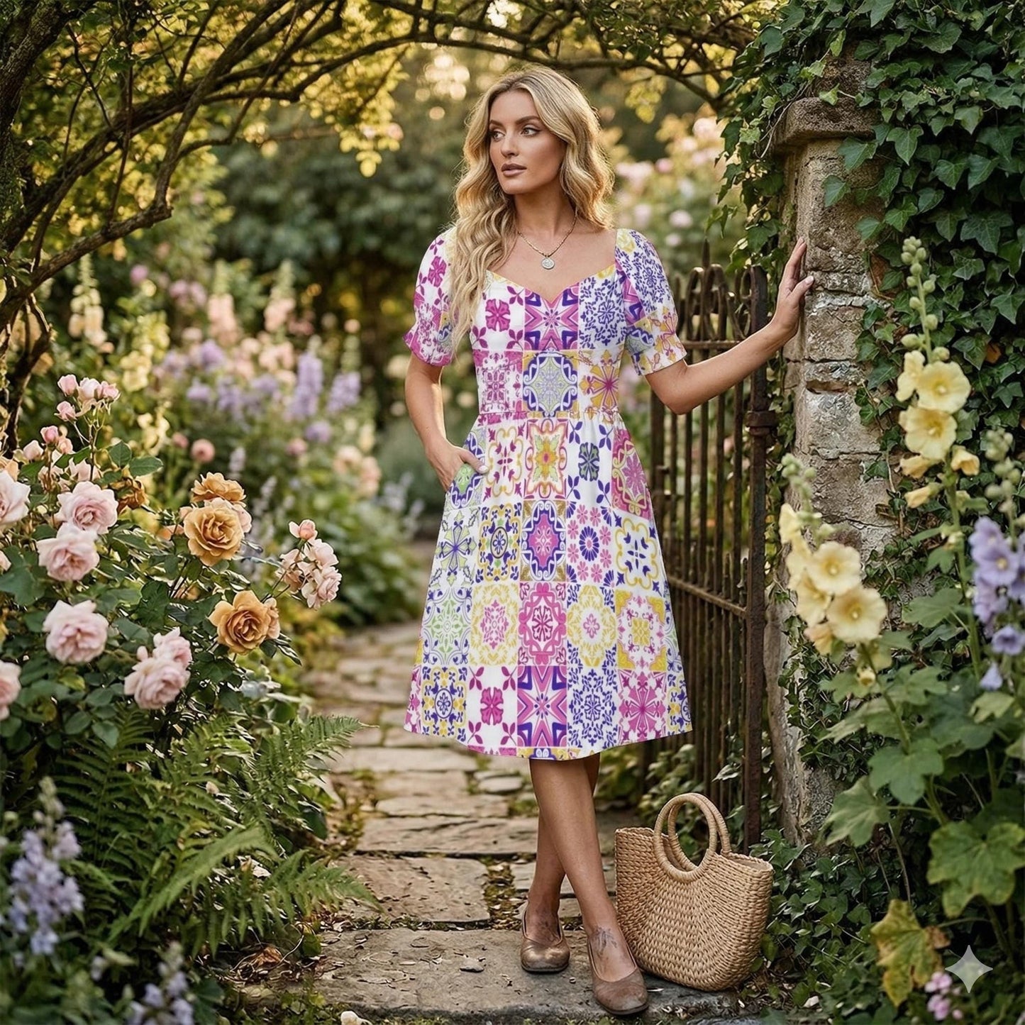 Tile Print Midi Dress, Mediterranean Puff Sleeve, Colorful Mosaic Vacation Outfit