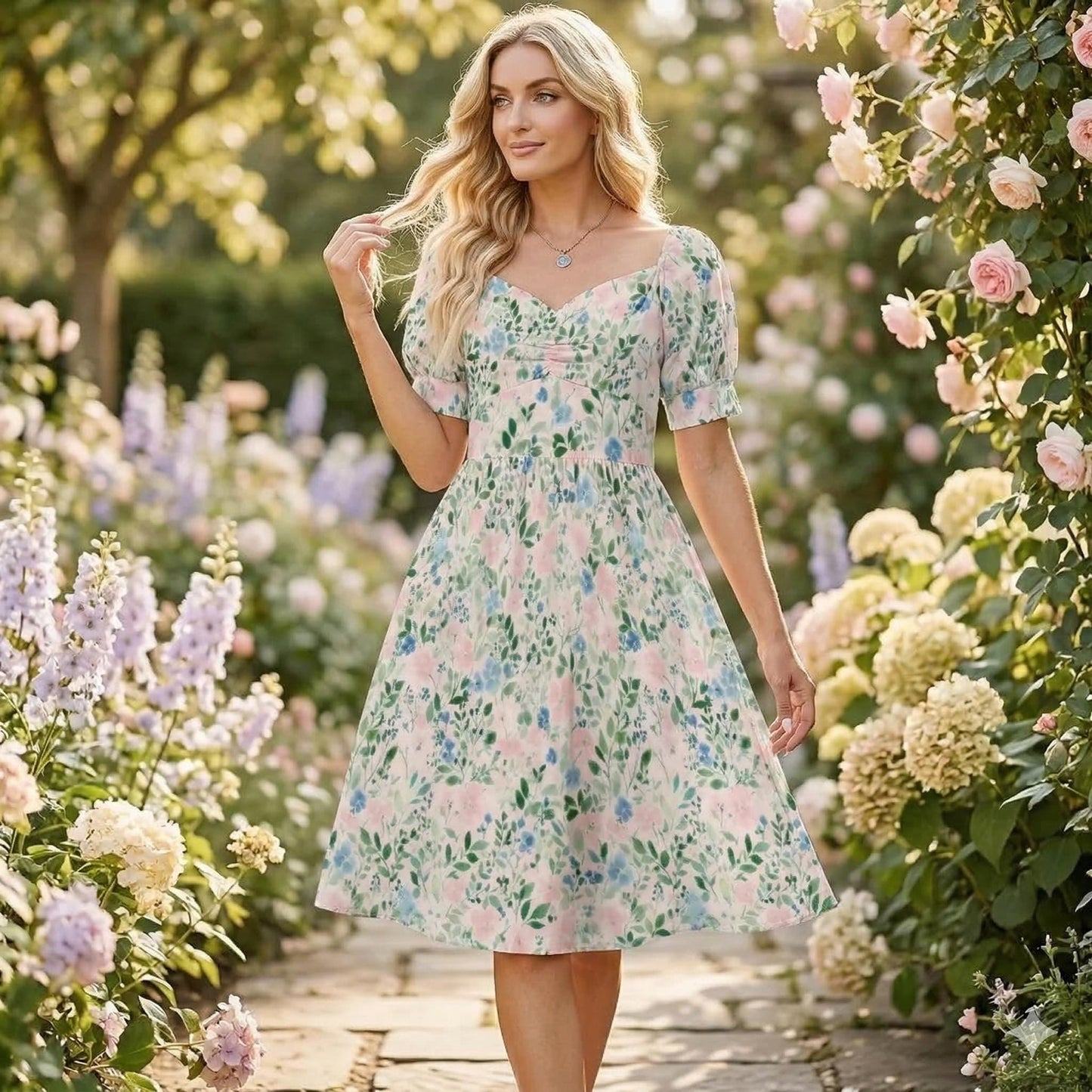 Watercolor floral midi dress for women, pastel meadow garden stroll, puff sleeve sweetheart dress
