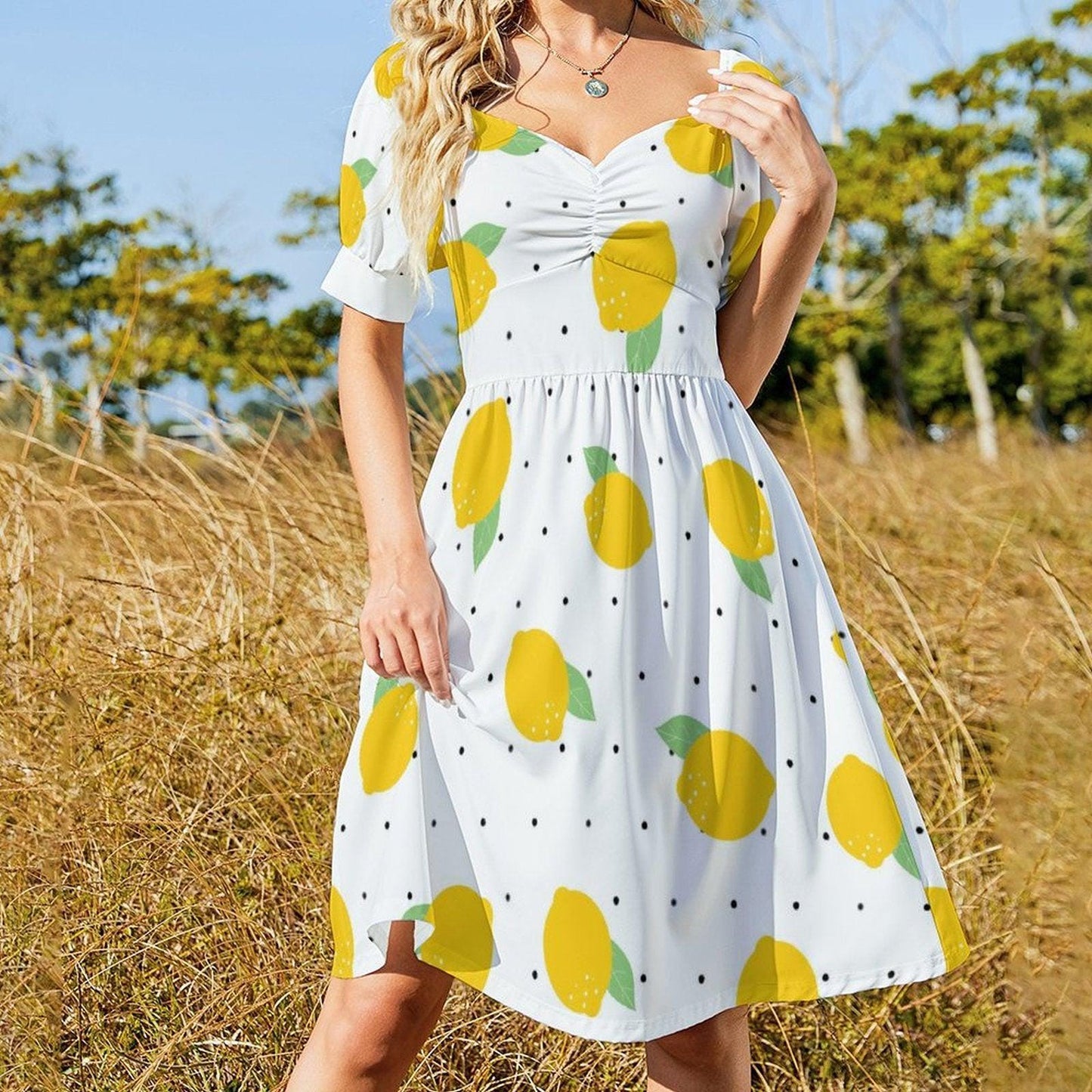Lemon print midi dress, puff sleeve summer dress, sweetheart neckline, white citrus sundress, vacation outfit