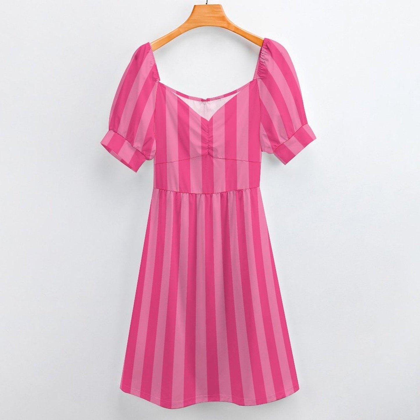 Pink stripe midi dress, puff sleeve sundress, sweetheart neckline, ruched bust, vacation brunch style
